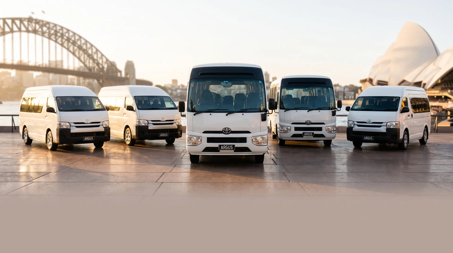 Argus United Services mini-bus and van fleet ready for hire in Sydney